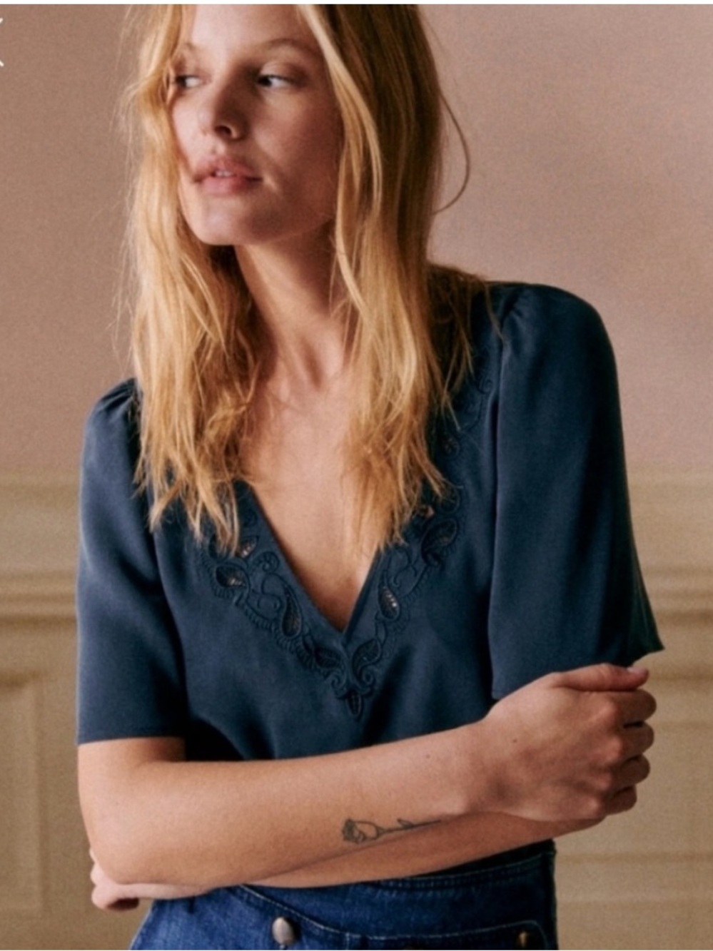 NWT Sezane Silk Minara Blouse in Marine Size 8